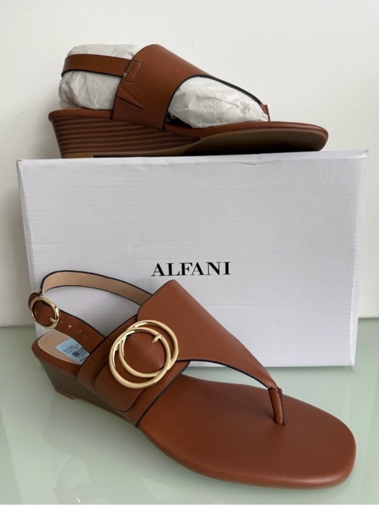 Alfani Shoes - Alfani Tan Leather Wedge Slingback Sandals with Gold Rings